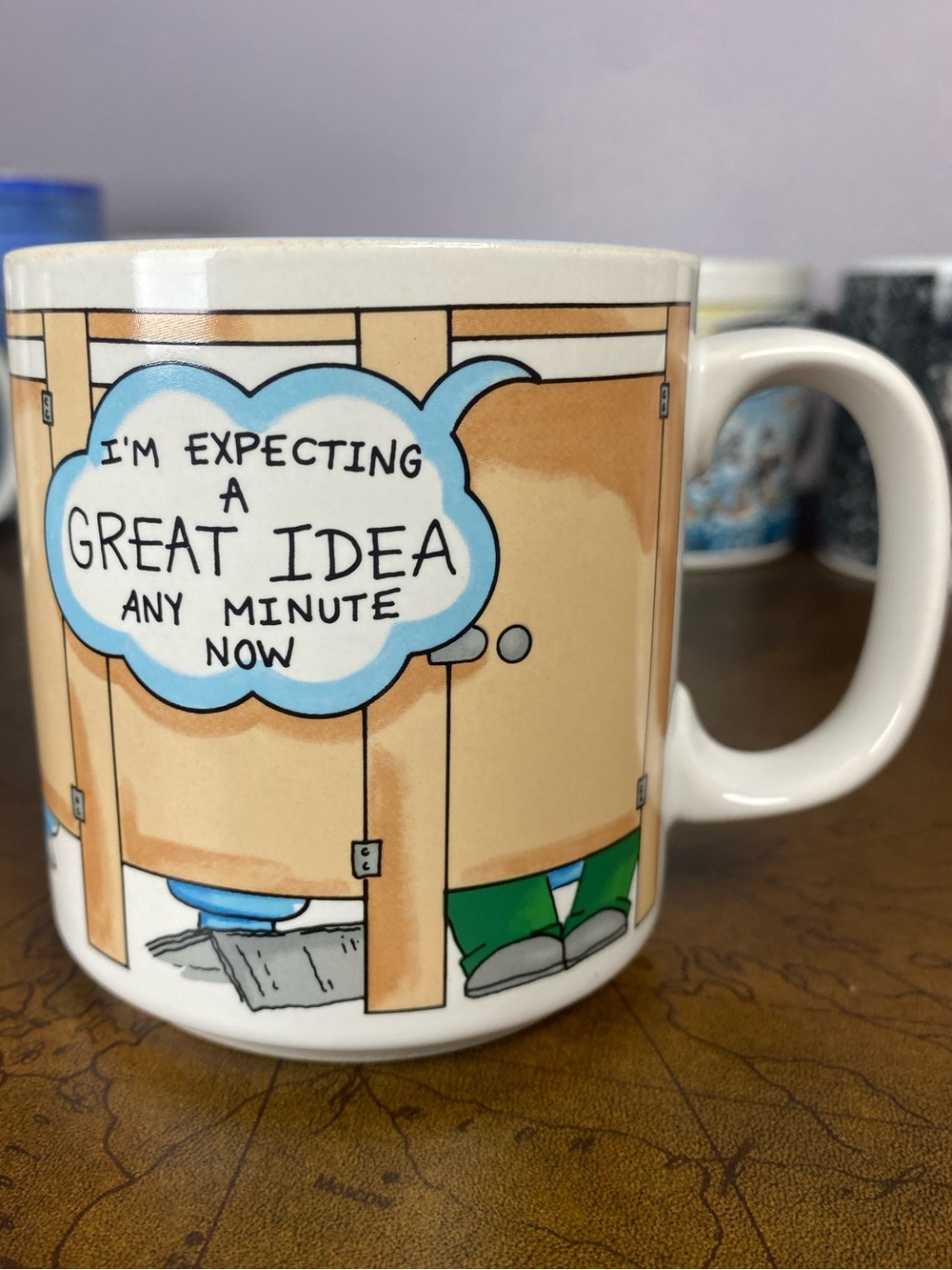 Vintage Russ Berrie Expecting A Great Idea Bathroom Stall Novelty Gag Mug